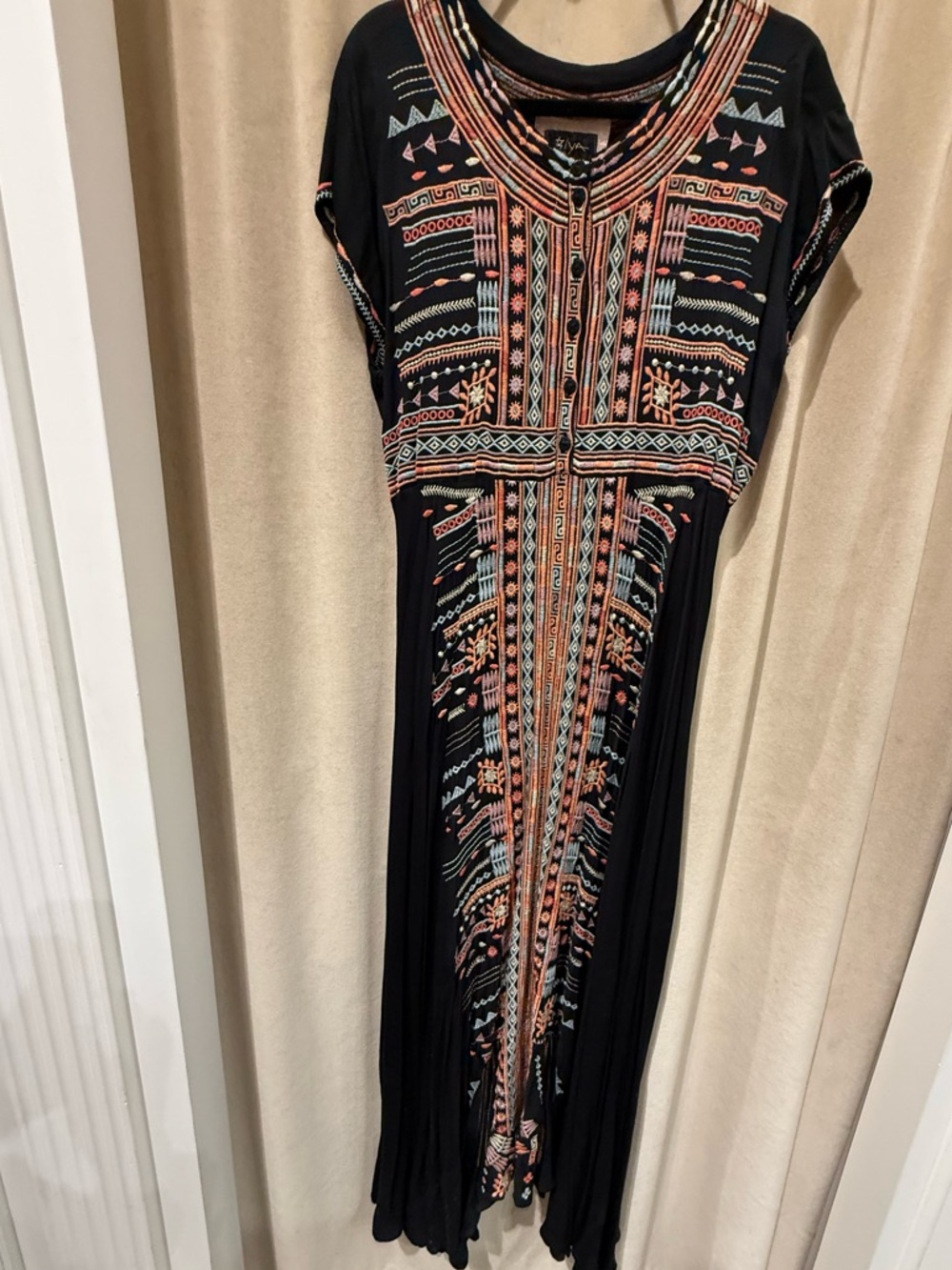 Johnny Was Mariposa Embroidered Black Maxi Dress with Coral & Aqua Accents